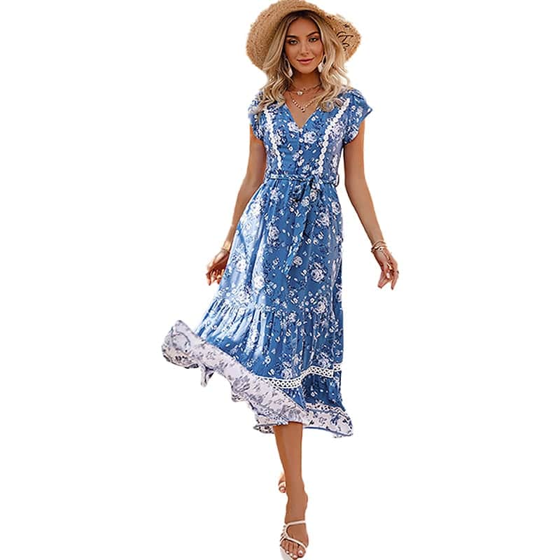 Women's Blue Floral Short Sleeve Dress