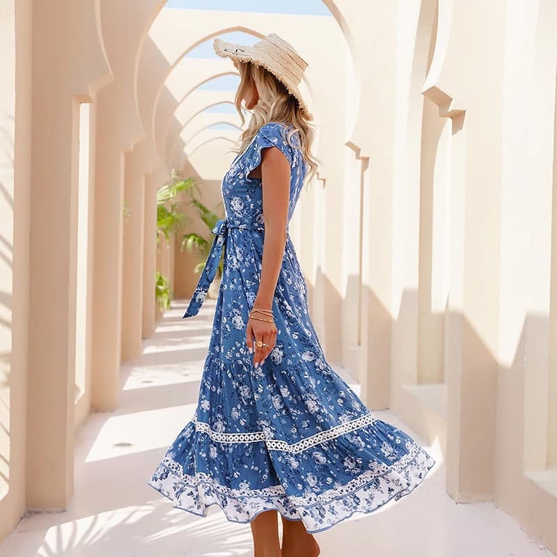 Women's Blue Floral Short Sleeve Dress - Image 3