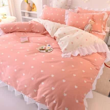 Cotton Bedding Set with Fitted Bed Sheet Double Sided Ruffle Quilt Cover with Pillowcases - Image 2