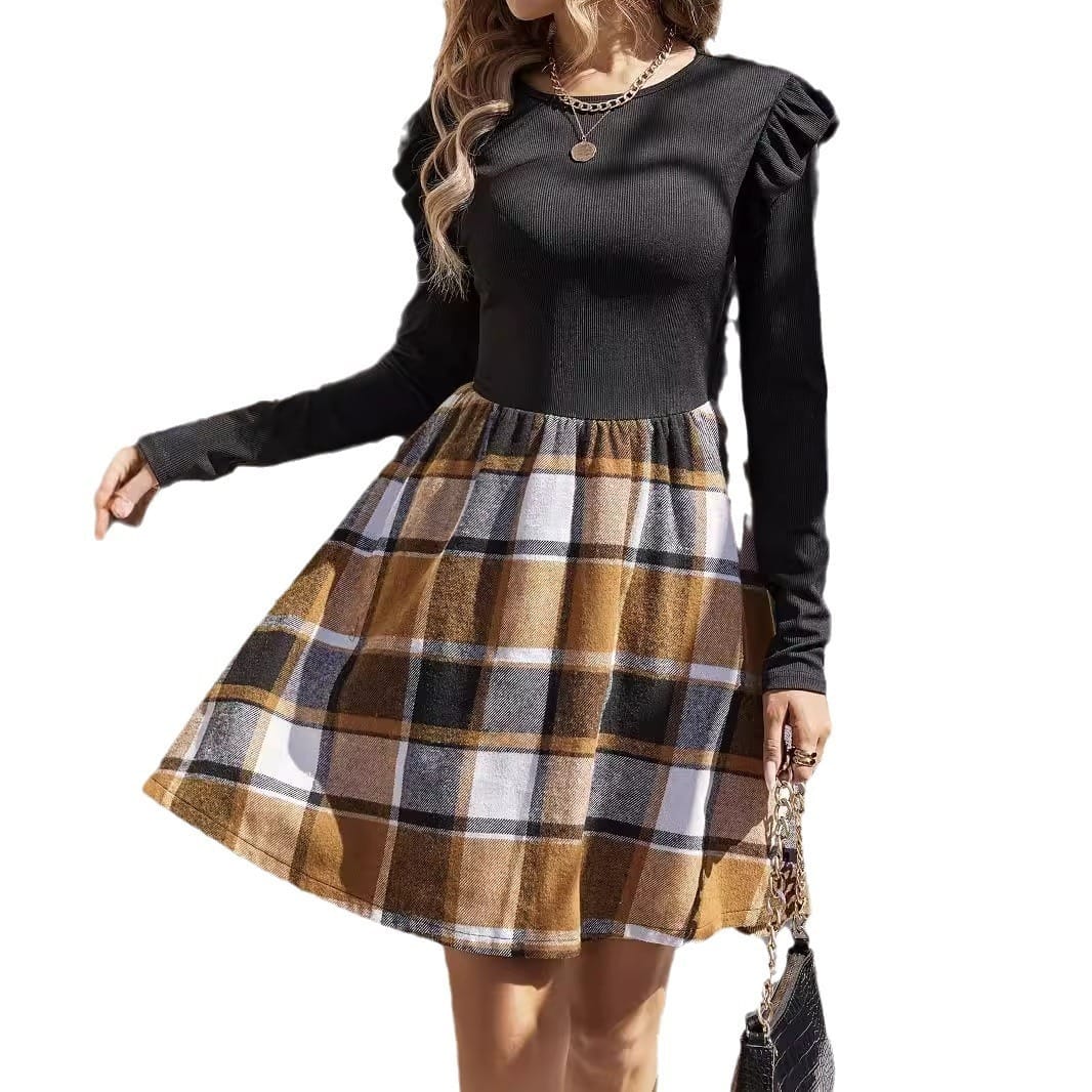 Women's Sunken Stripe Stitching Plaid Long Sleeve Dress - Image 5