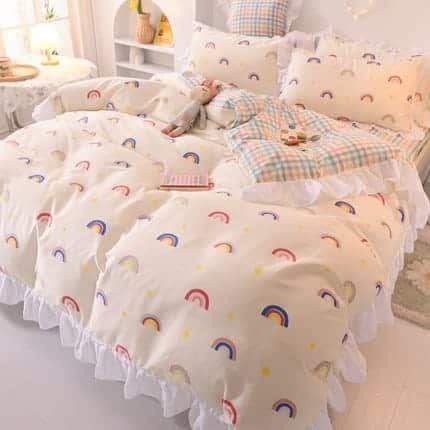 Cotton Bedding Set with Fitted Bed Sheet Double Sided Ruffle Quilt Cover with Pillowcases